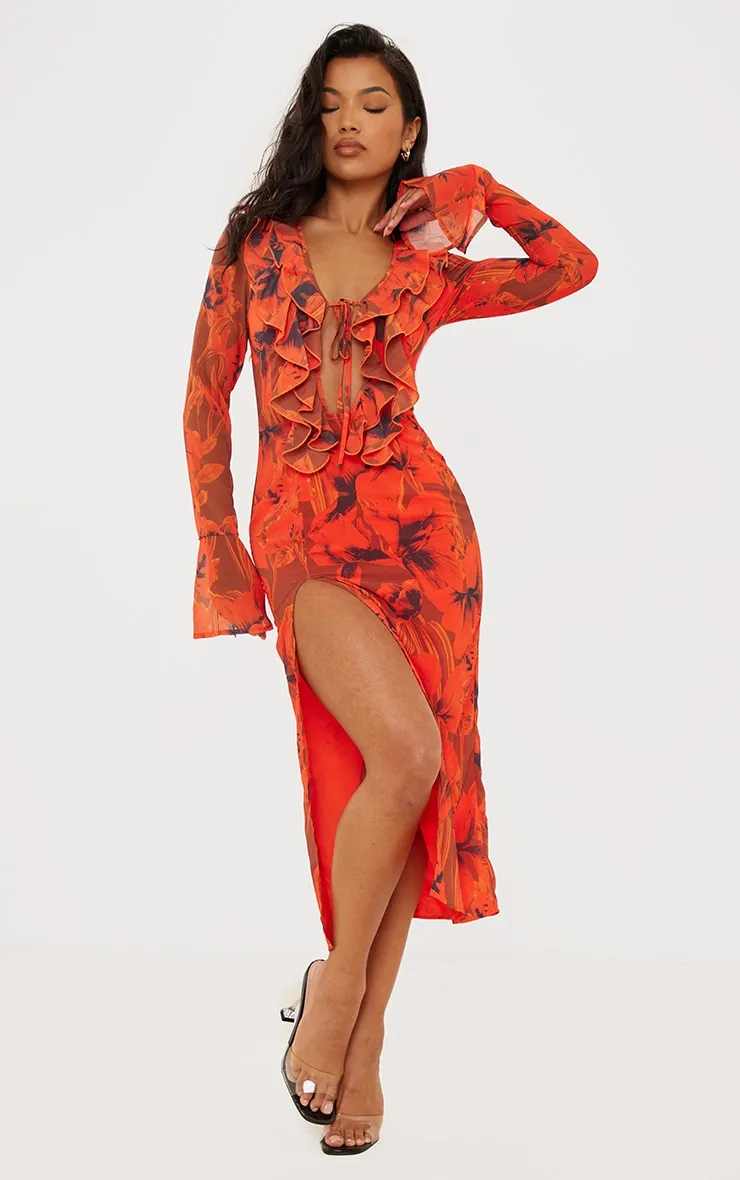 Robe mi-longue en mousseline de soie rouge à imprimé fleuri et volants