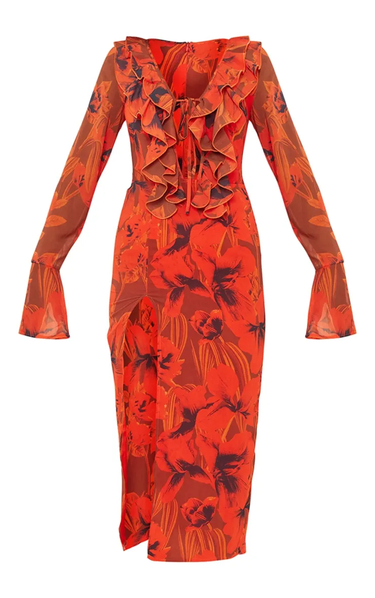 Robe mi-longue en mousseline de soie rouge à imprimé fleuri et volants